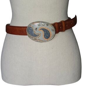 Vintage Concho Style Statement Belt Buckle Enamel Paisley Italian Calfskin 36"
